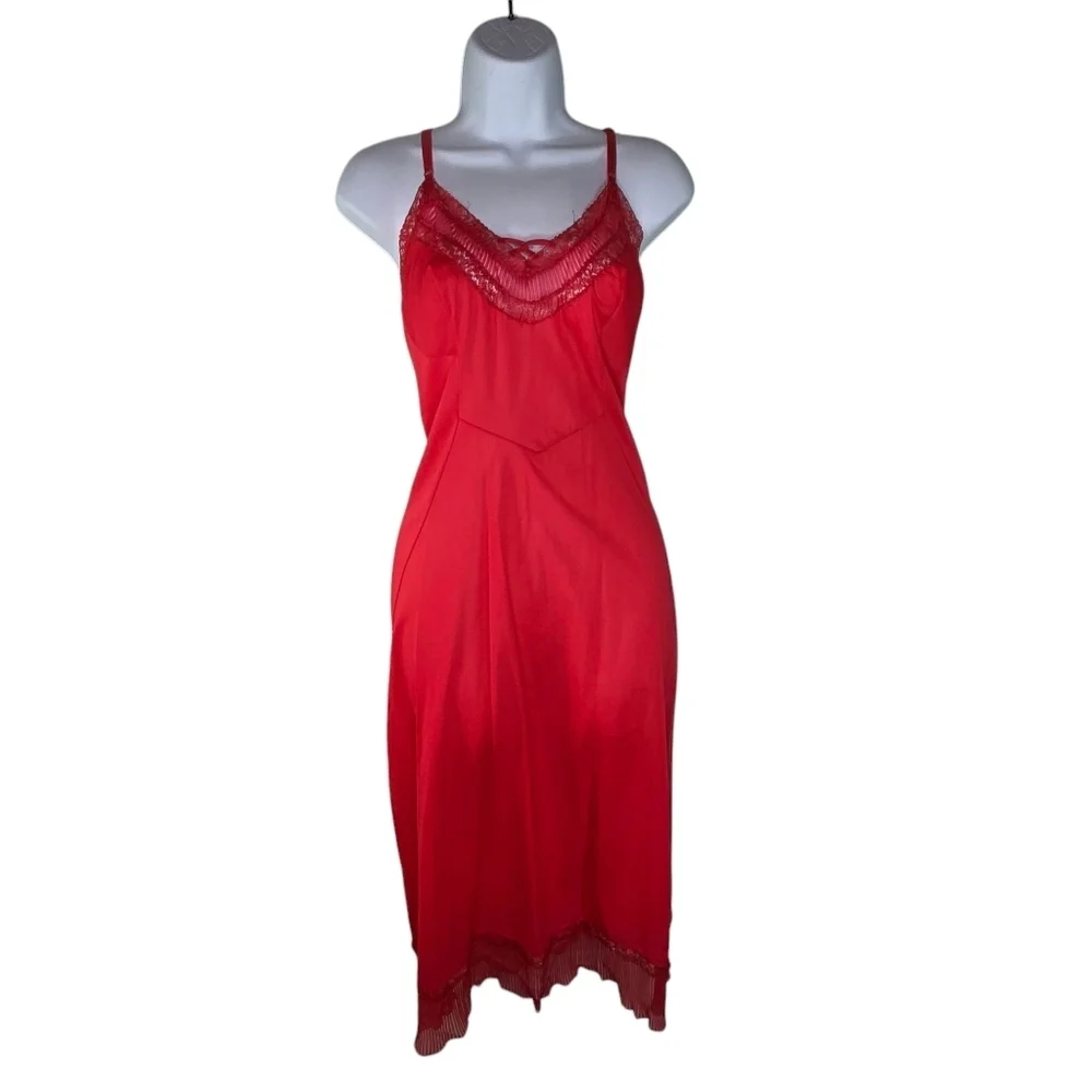 Vtg 50s 60s Cherry Red Nylon Lace Full Slip Dress 40 - Picture 2 of 10